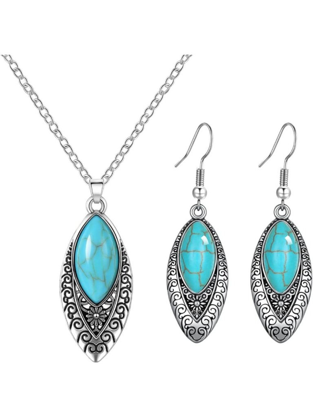 Turquoise Dangle Earrings & Pendant Necklace Set, 925 Sterling Silver Boho
